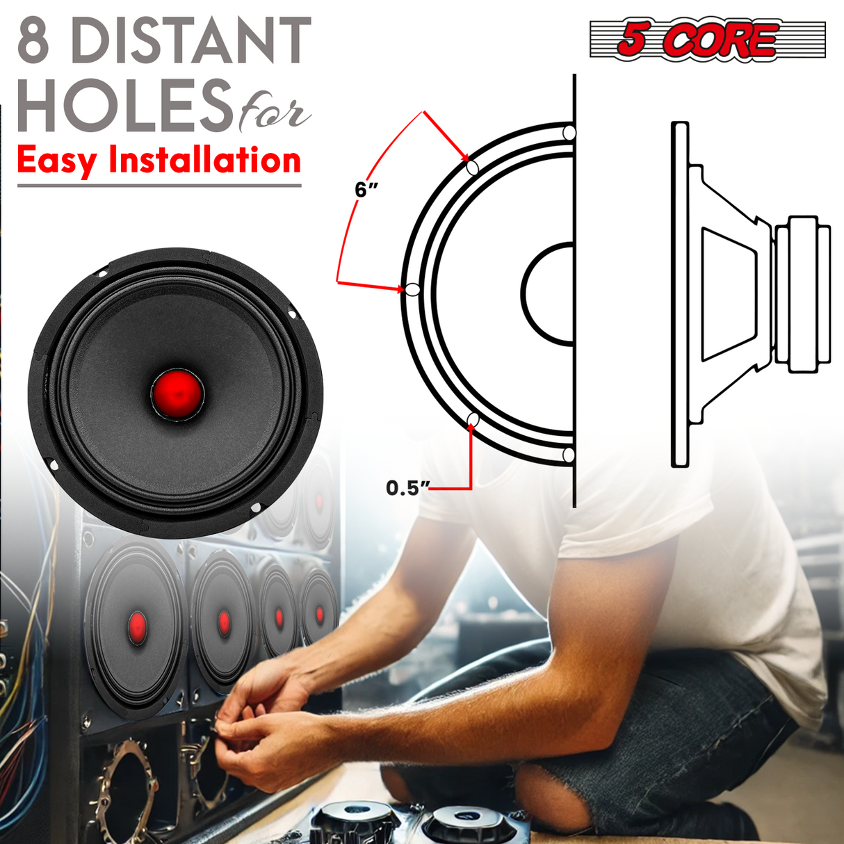 5Core 6.5 Inch Midrange Door Speaker 360W Subwoofer w Aluminum Bullet 8Ω Sub Woofer 1 PC