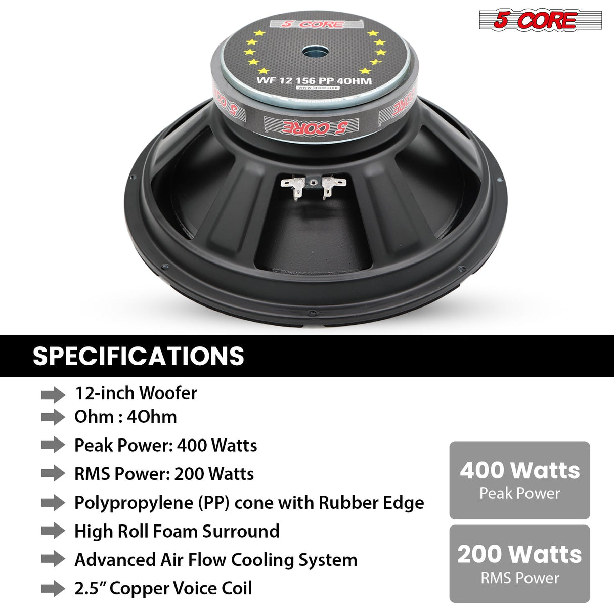 5 Core 12 Inch Woofer Pair 400W Car Subwoofer 4Ohm Replacement Deep Sub w Poly Cone