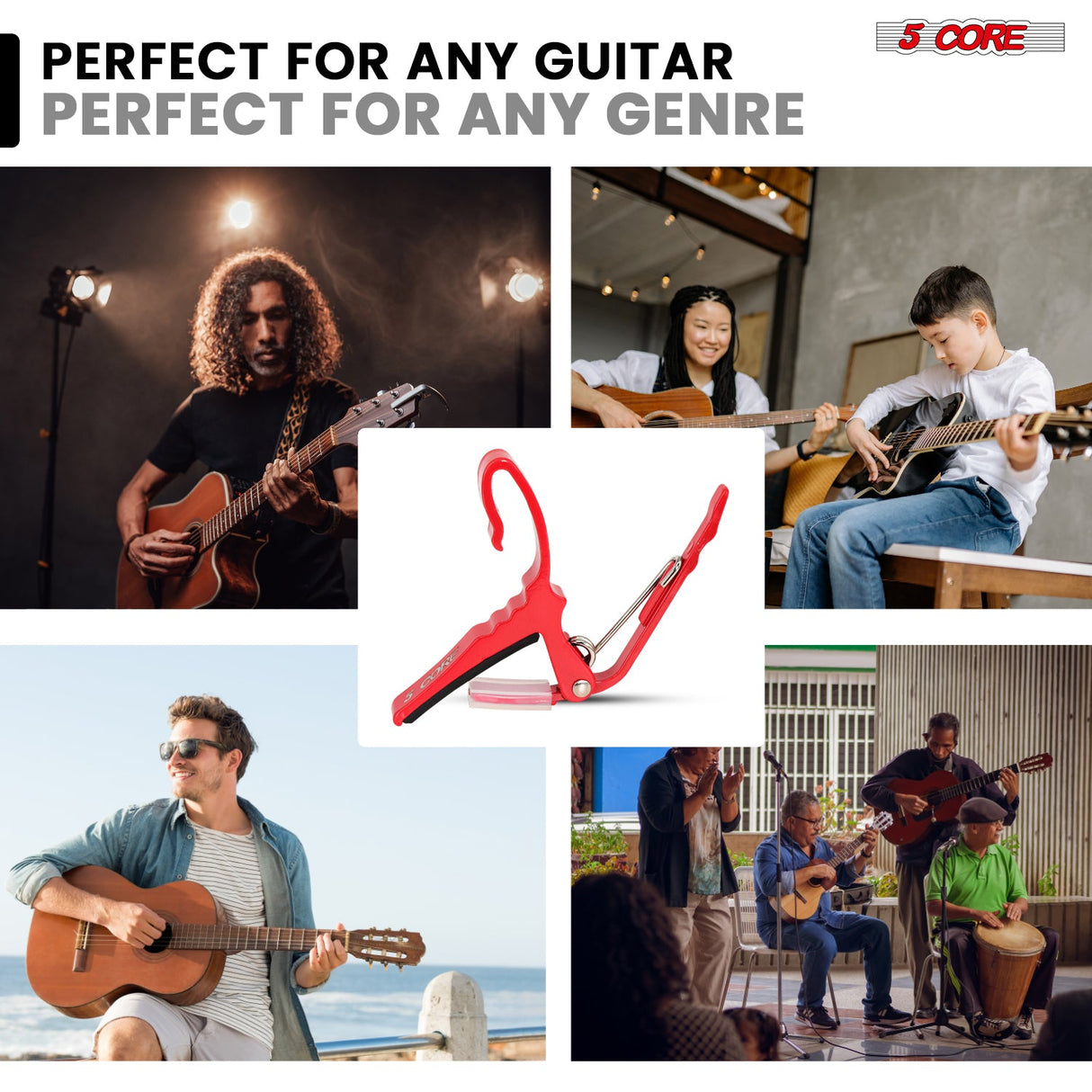5Core Capo Aluminum Universal Guitar String Clip w Metal Spring + 6Pcs Guitar Picks + Carry Bag