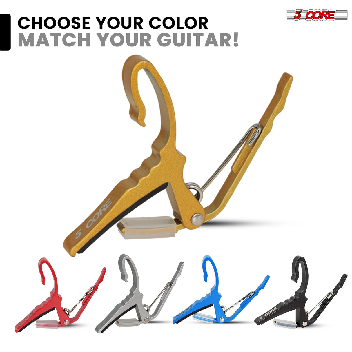 5Core Capo Aluminum Universal Guitar String Clip w Metal Spring + 6Pcs Guitar Picks + Carry Bag