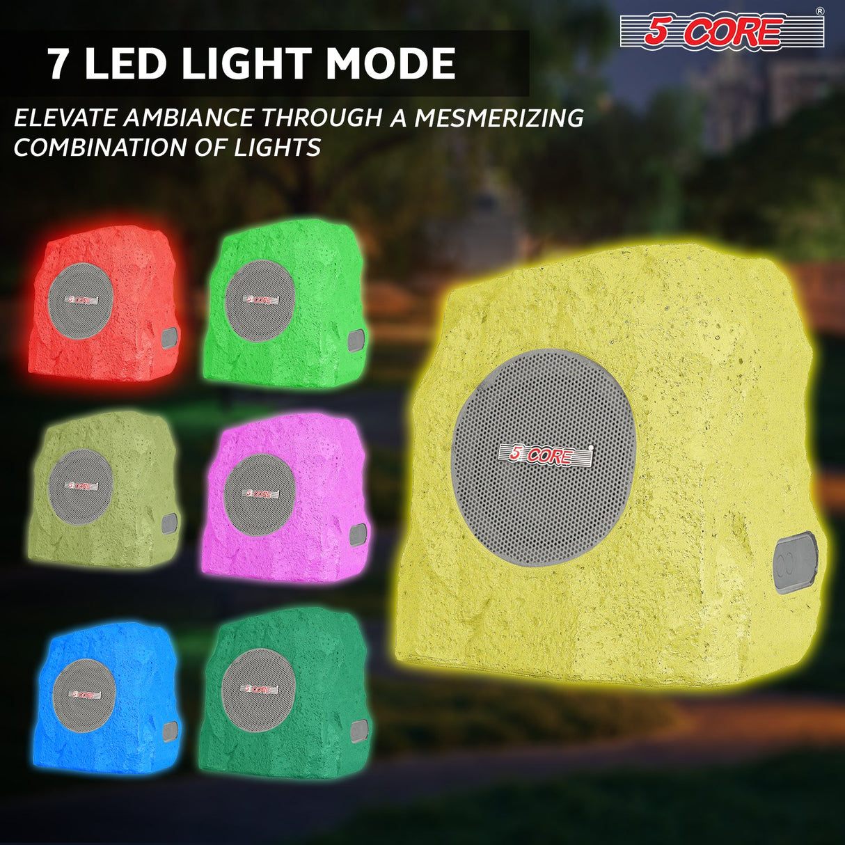 5 Core Rock Speaker Outdoor Waterproof Bluetooth Garden Speakers Solar & USB Charging RGB Colors for Patio Pool & Home