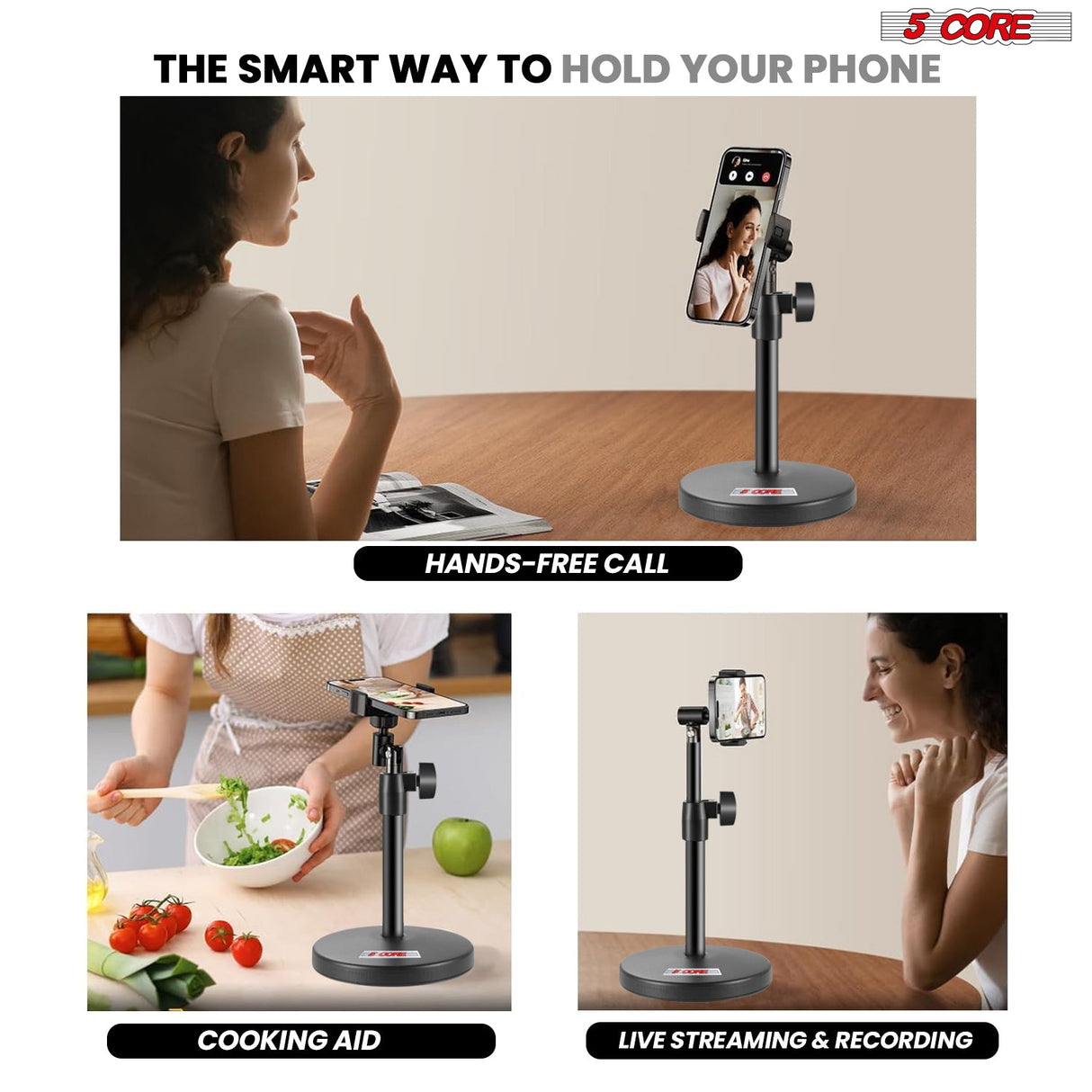 5Core 3n1 Mic Stand Desk Adjustable Table Microphone Stands w Phone Holder Mic Clip