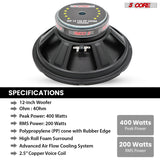 5 Core 12 Inch Subwoofer 400W Car Audio Woofer 4 Ohm Replacement Deep Bass Component Loud Speaker