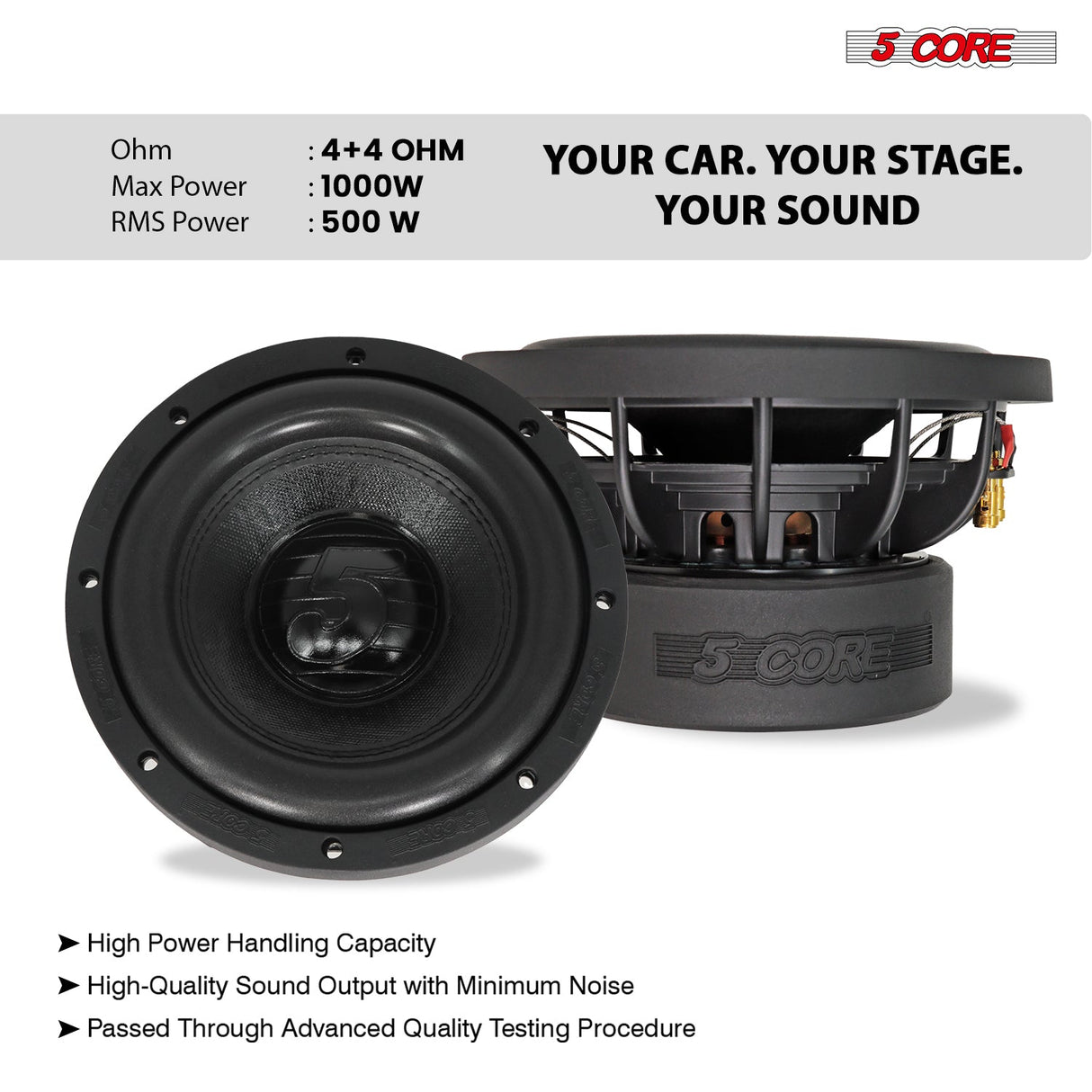5Core 8 Inch Car Subwoofer Dual 4Ohm 1000W Component Sub Woofer Driver Aluminum Frame 8” Woofers