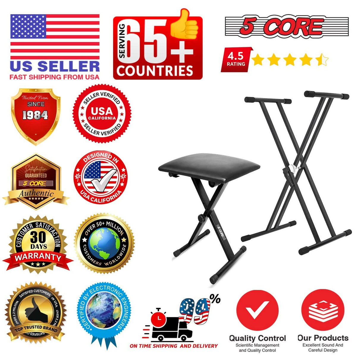 5 Core Keyboard & Bench Set Combo Height Adjustable Key Board Stands w Padded 2" Cushioned Musician Chair