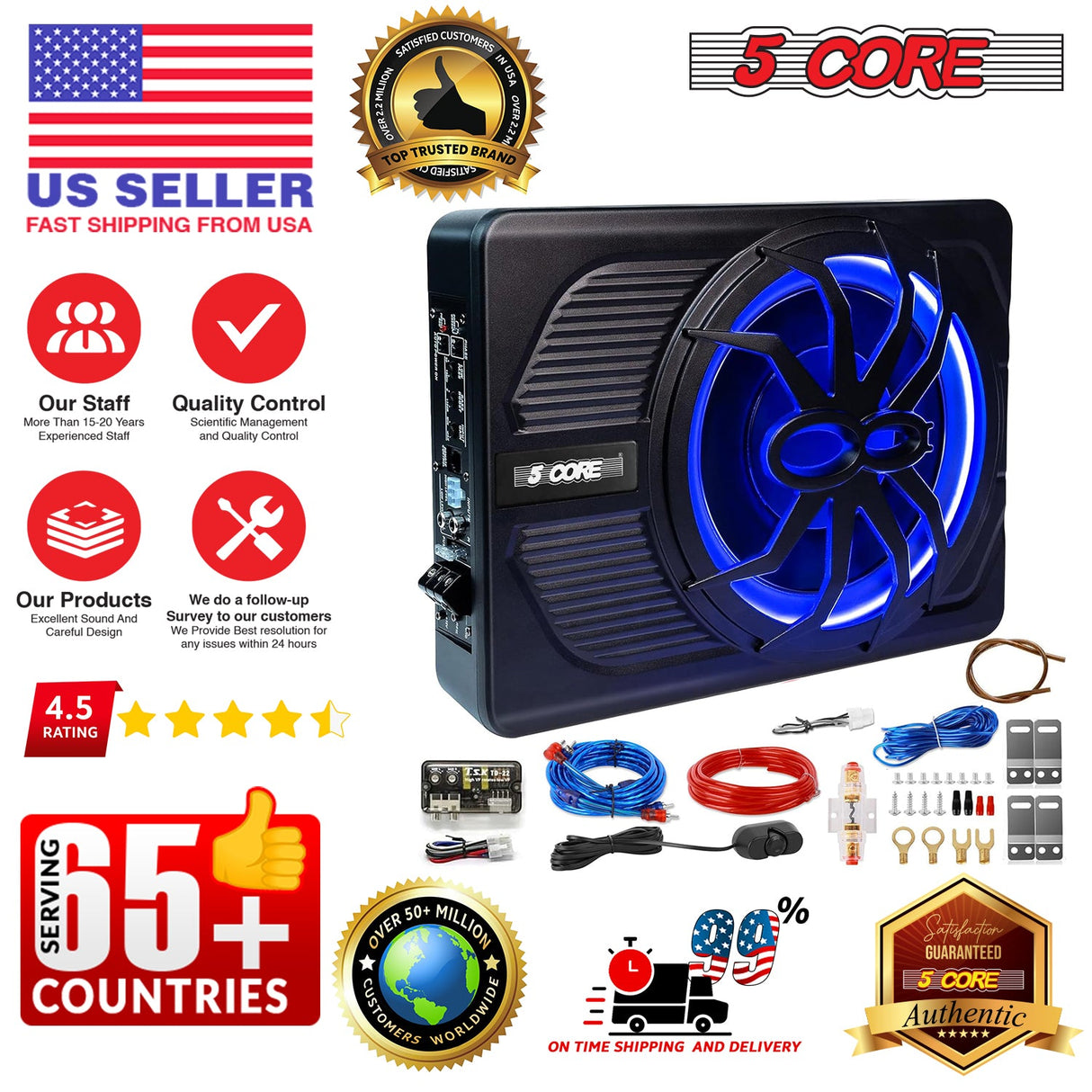 5Core 10 inch Slim Under Seat Car Audio Subwoofer 800W Built in Amplifier Sub Woofer LED Light