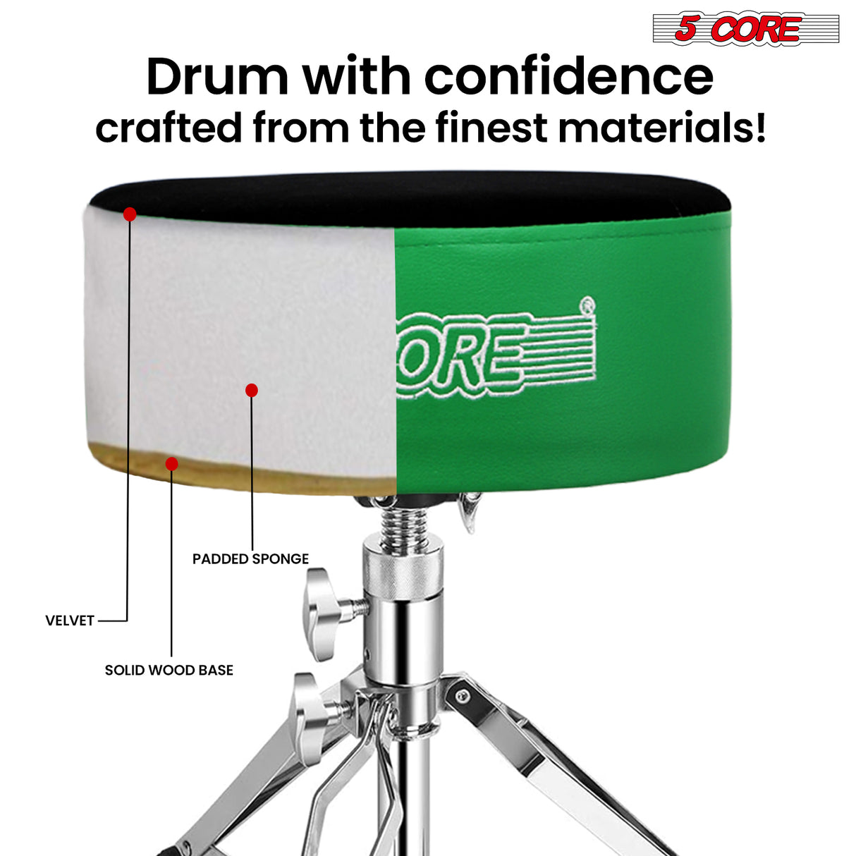 5 Core Drum Throne 5" Padded Drummer Seat Adjustable Drumming Chair w Luxury Velvet Top