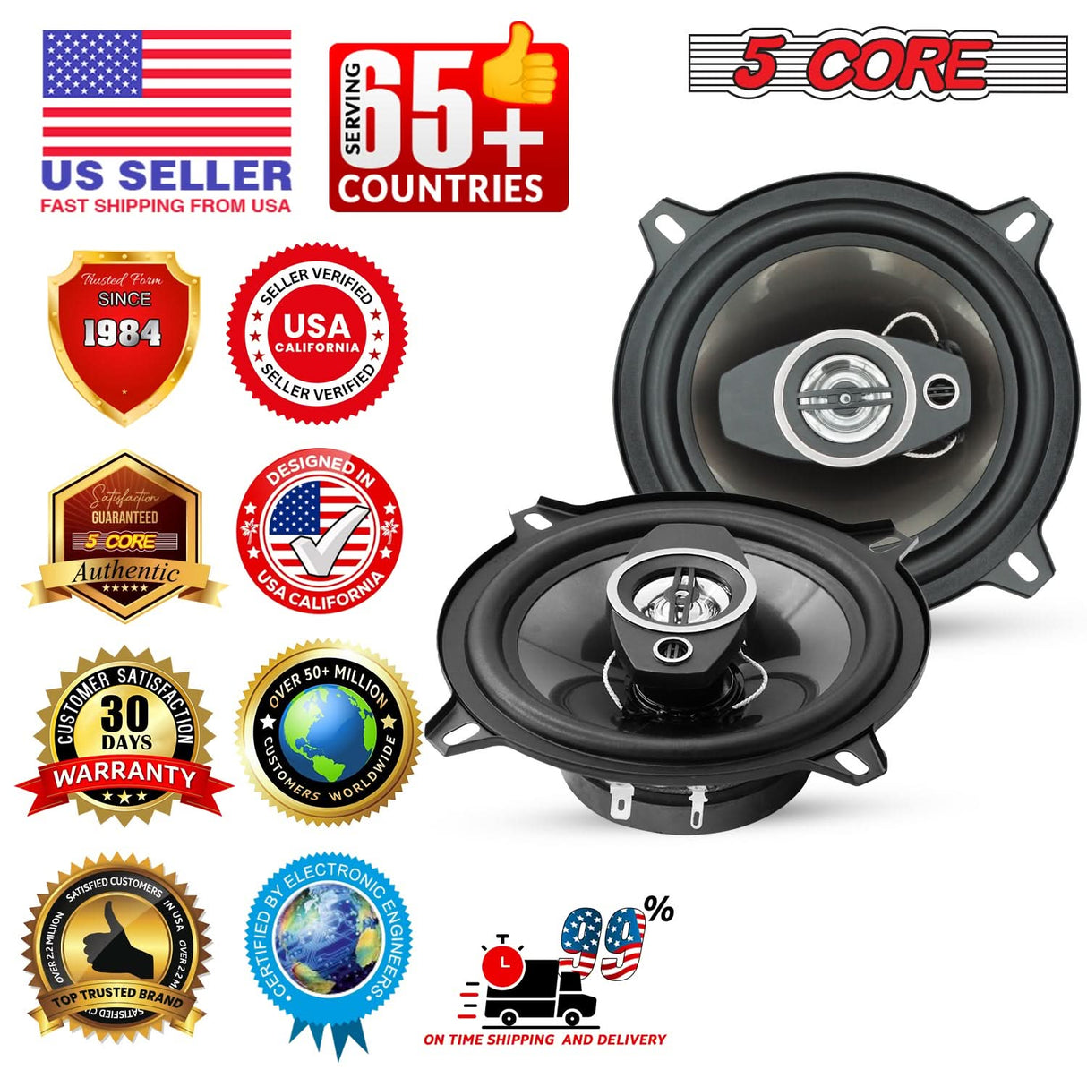 5Core Coaxial Car Door Speakers 5” 4Pcs 350W 4Ohm 2 Way Component Subwoofer Audio w Super Tweeter