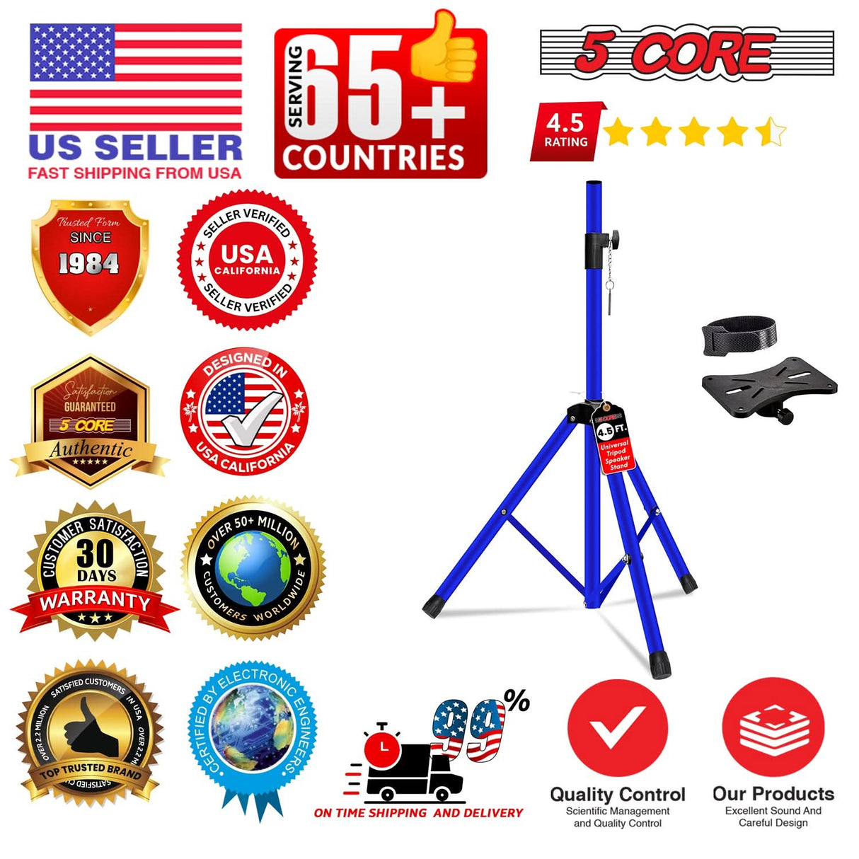 5 Core Speaker Stand Tripod Pair Heavy Duty Adjustable 54" Universal Mount for PA DJ Studio w Bag