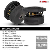 5Core 6.5 Inch Car Subwoofer Dual 4Ohm 1000W Speaker Sub Woofer Driver Aluminum Frame 6.5” Woofers