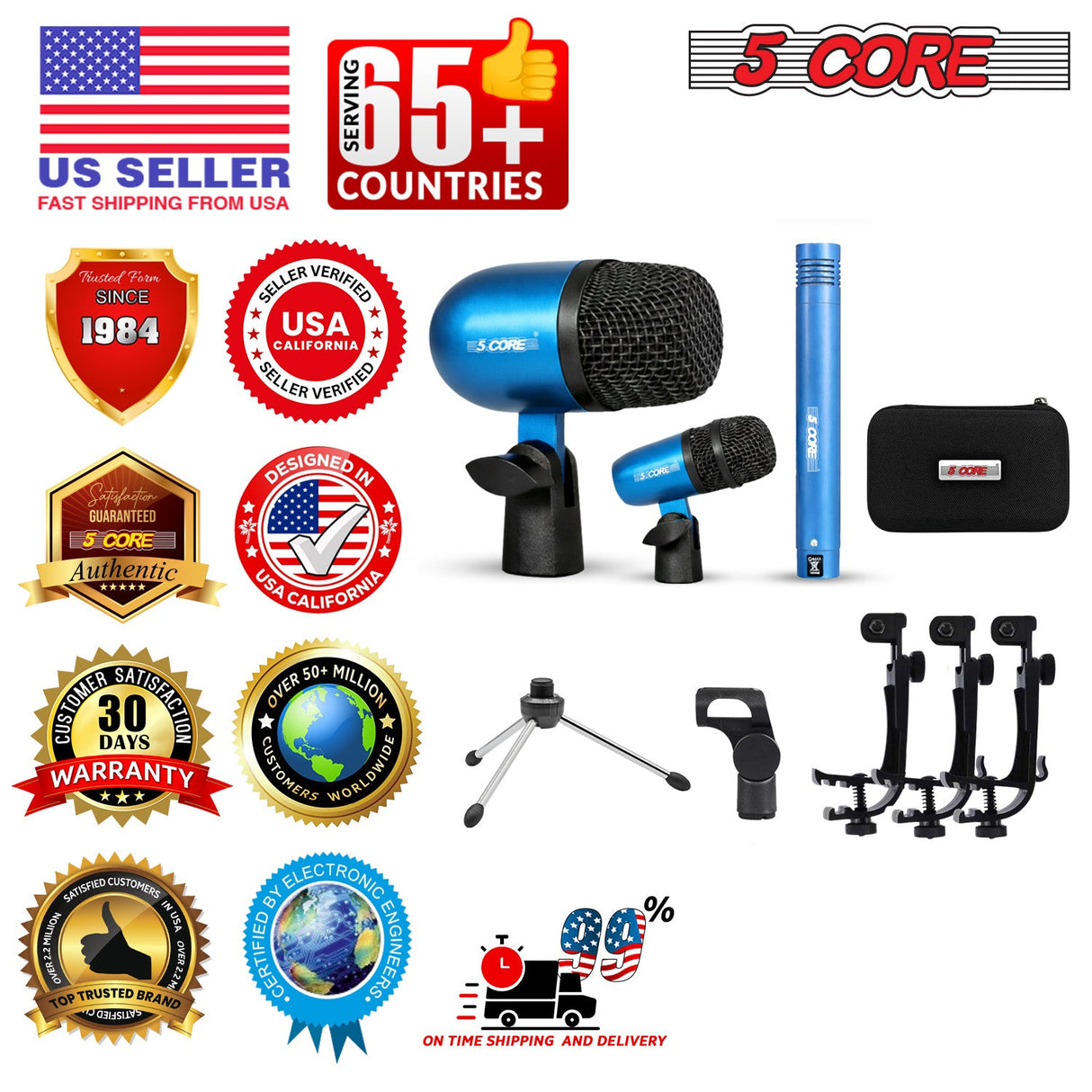 5 Core Conga Mic Snare Tom Set Professional XLR Cardioid Unidirectional Instrument Microphone Kit