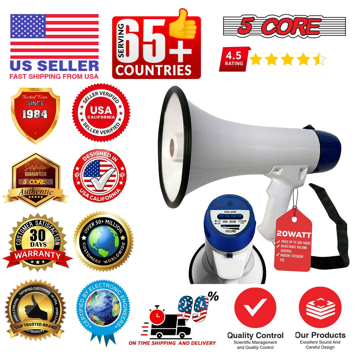 5 Core Megaphone 20W Bull Horn 300 Yard Range w Loud Siren Portable Volume Control Voice Amp Horn