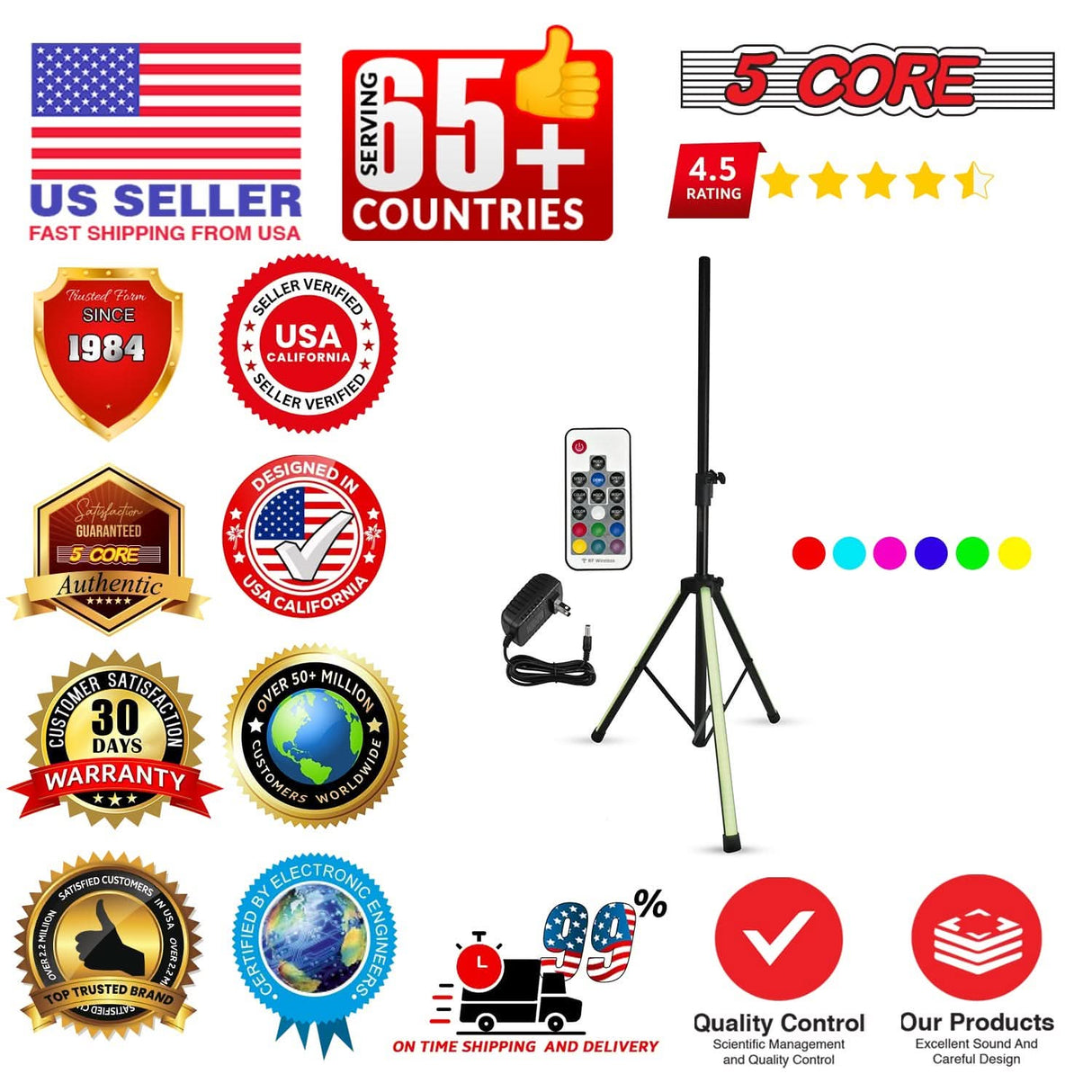 5 Core Speaker Stand Tripod Floor with RGB LED Lights Heavy Duty Adjustable Up to 72 Inch
