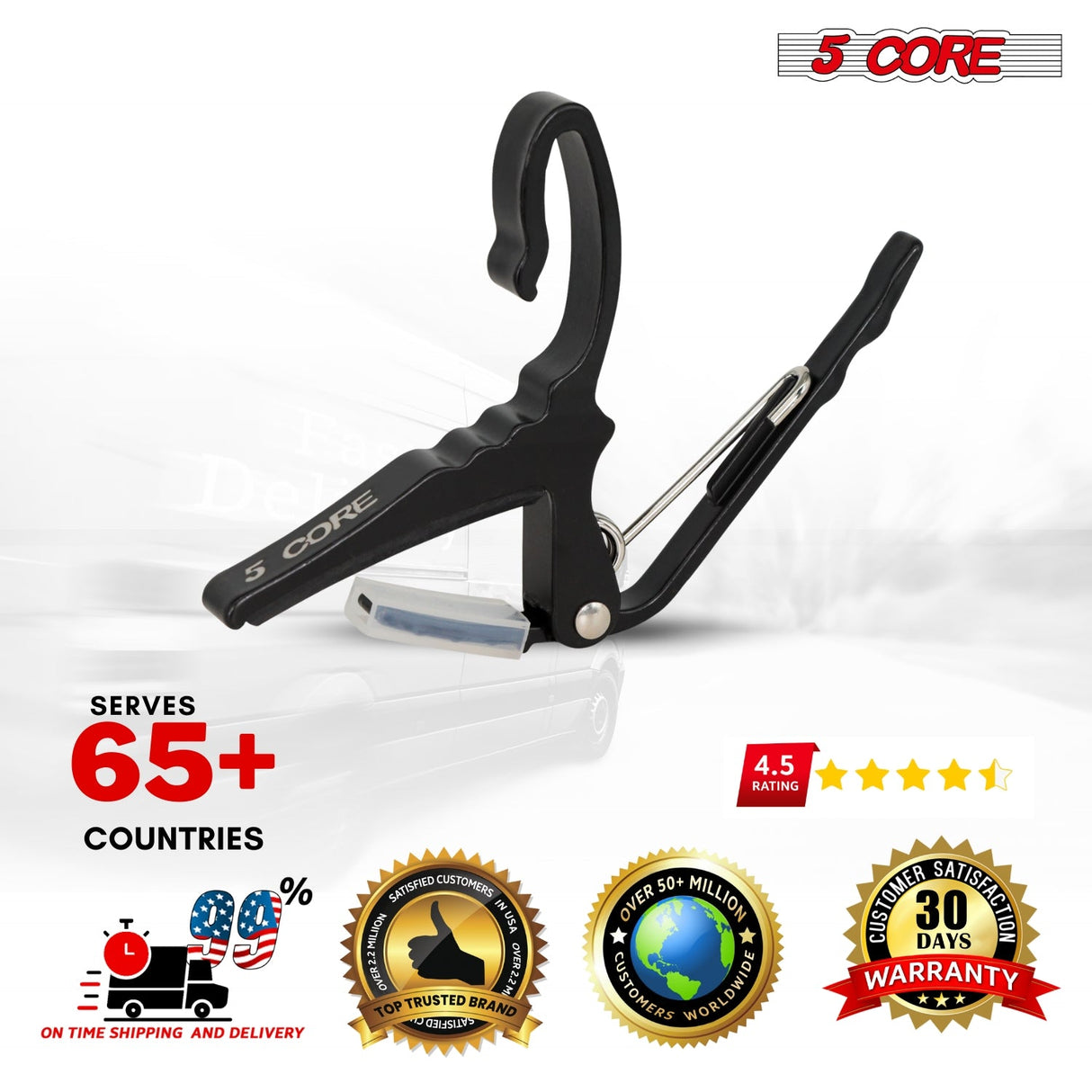 5Core Capo Aluminum Universal Guitar String Clip w Metal Spring + 6Pcs Guitar Picks + Carry Bag