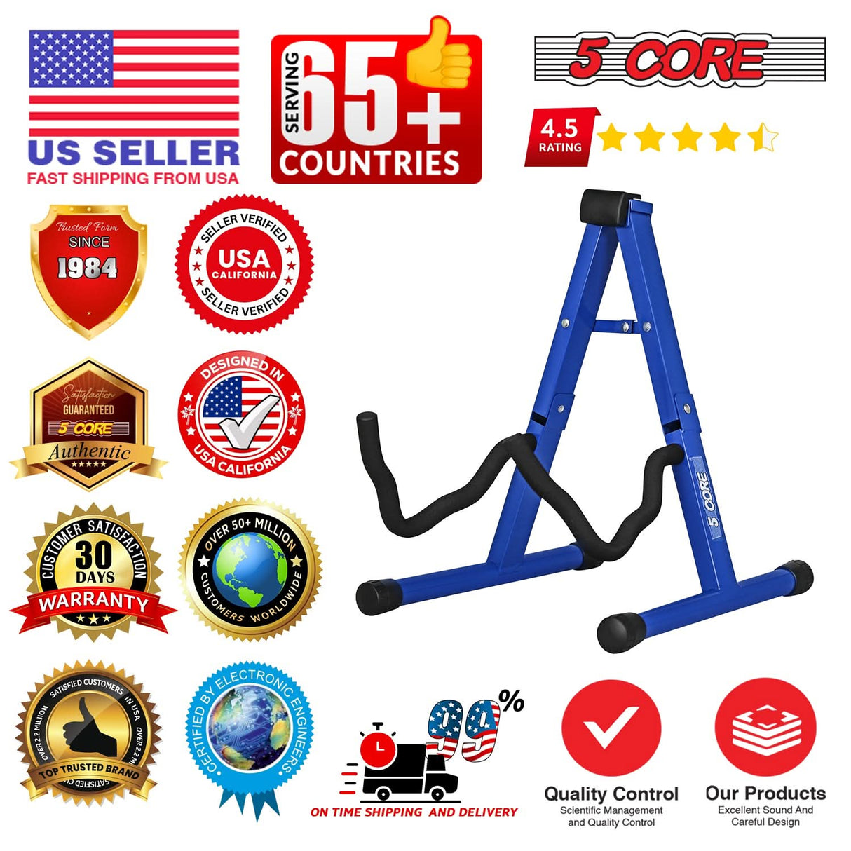 5 Core Guitar Stand 2PC A Frame Shape w Soft Foam Arm Non Slip Rubber for Acoustic Electric Bass
