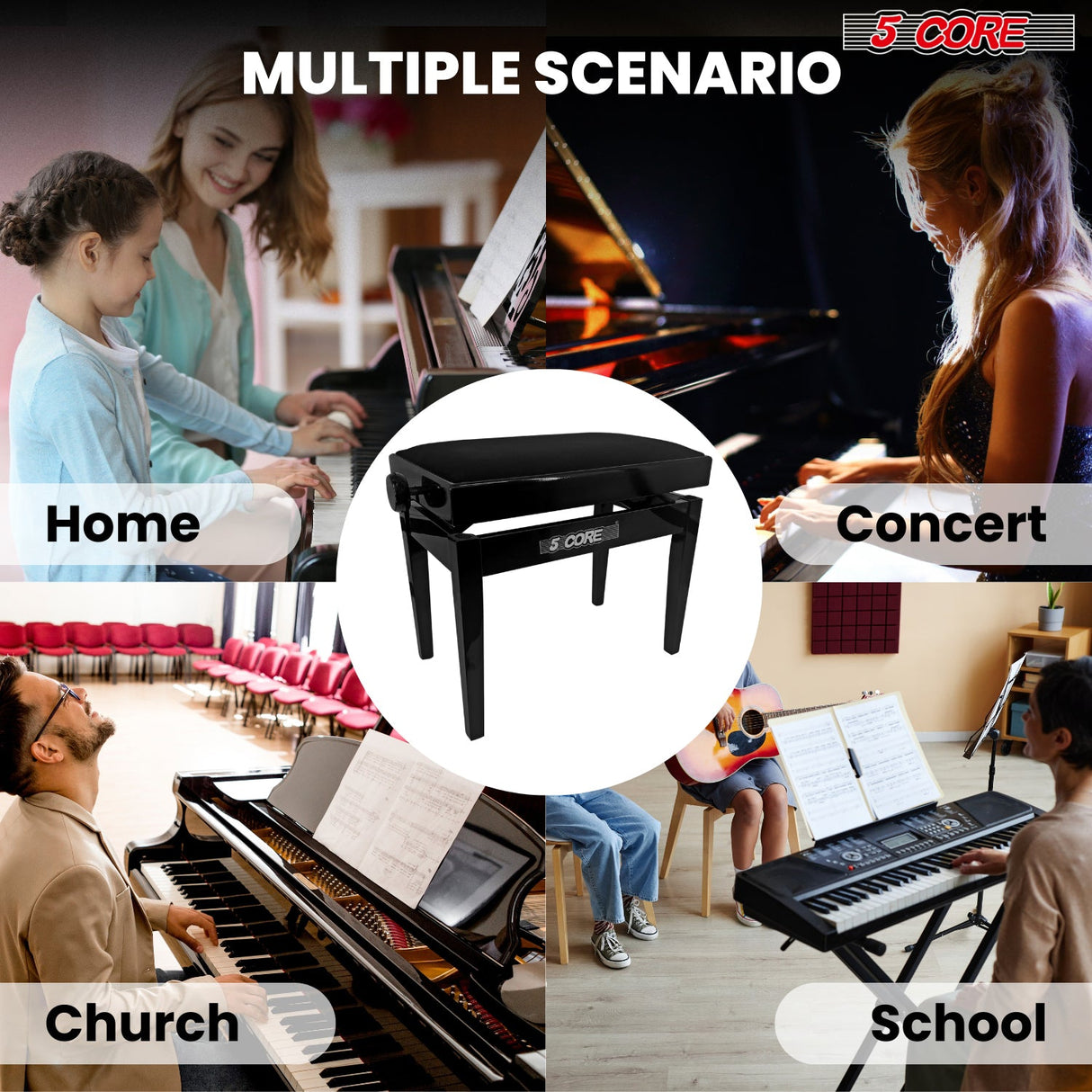 5 Core Adjustable Piano Bench Thick 3.25" Solid Wood Keyboard Stool Heavy Duty Musician Chair