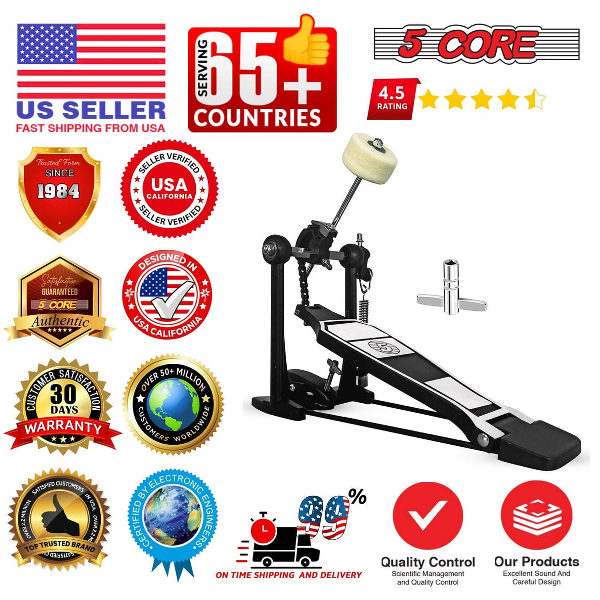 5 Core Bass Drum Pedal Mount Adjustable Felt Beater Head Single Chain Heavyduty Kick Drum Foot Pedal