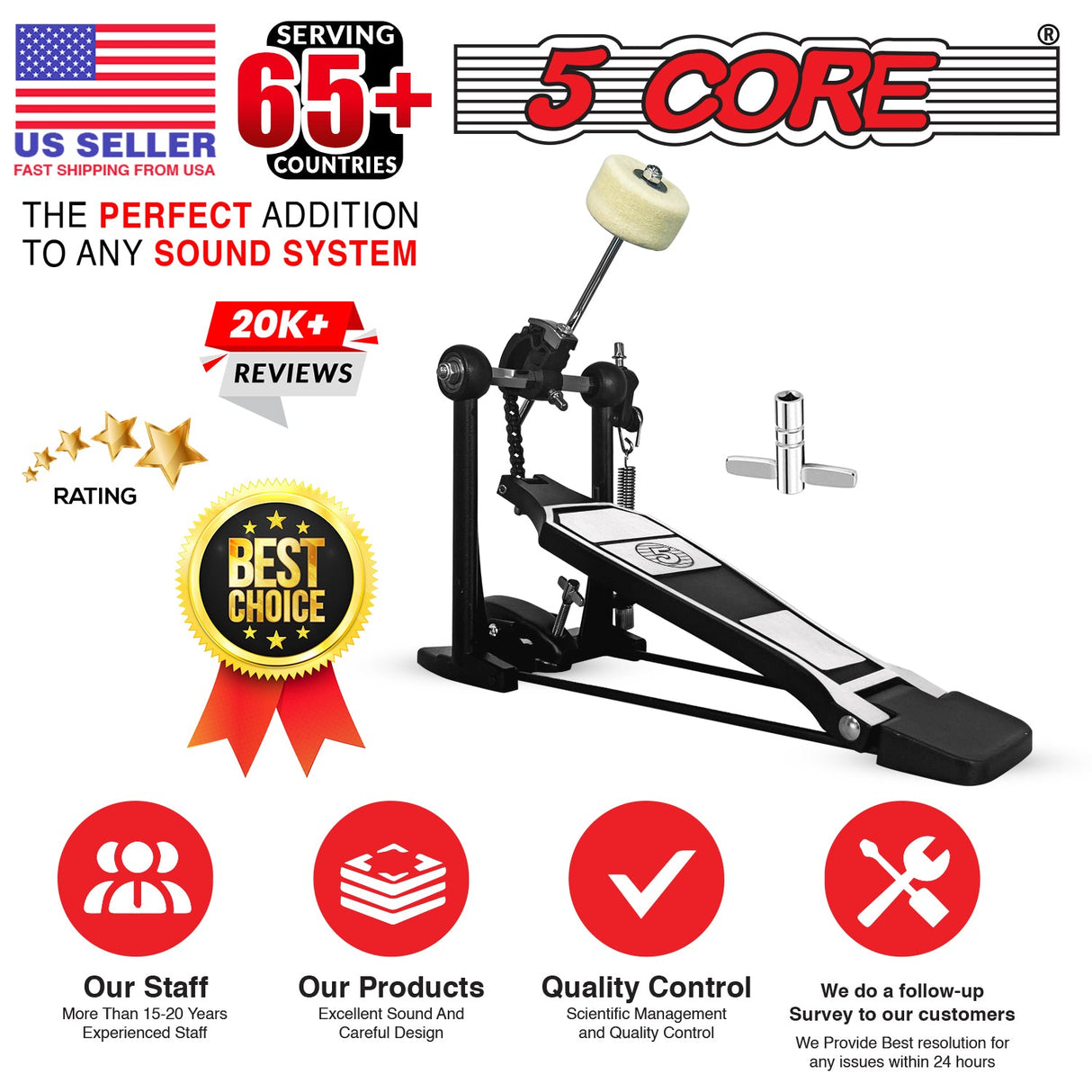5 Core Bass Drum Pedal Mount Adjustable Felt Beater Head Single Chain Heavyduty Kick Drum Foot Pedal