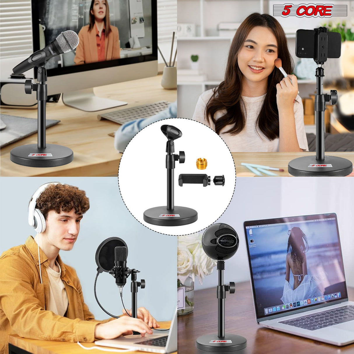 5Core 3n1 Mic Stand Desk Adjustable Table Microphone Stands w Phone Holder Mic Clip