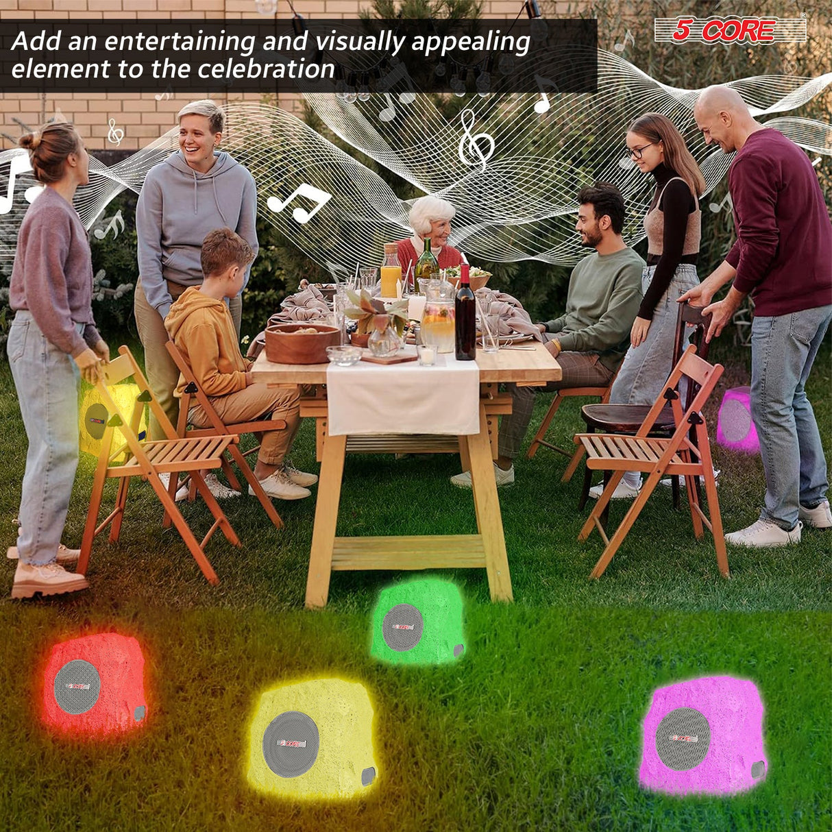 5 Core Rock Speaker Outdoor Waterproof Bluetooth Garden Speakers Solar & USB Charging RGB Colors for Patio Pool & Home