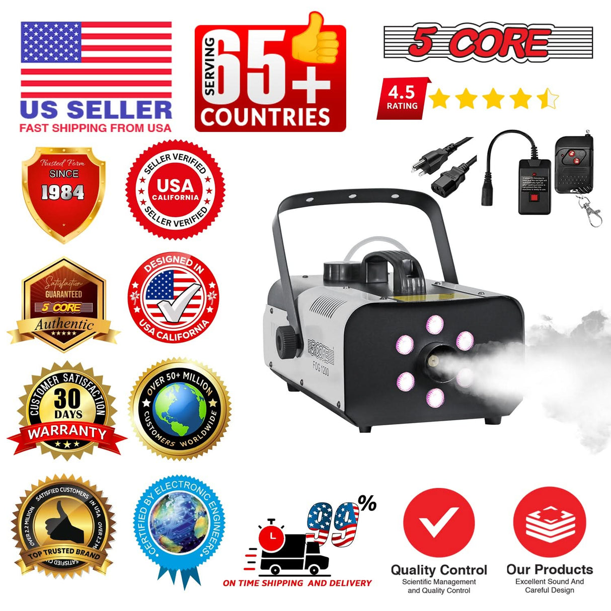 5Core Fog Smoke Machine 1200W Low Lying Indoor Outdoor 1L Fog Maker with LED Lights