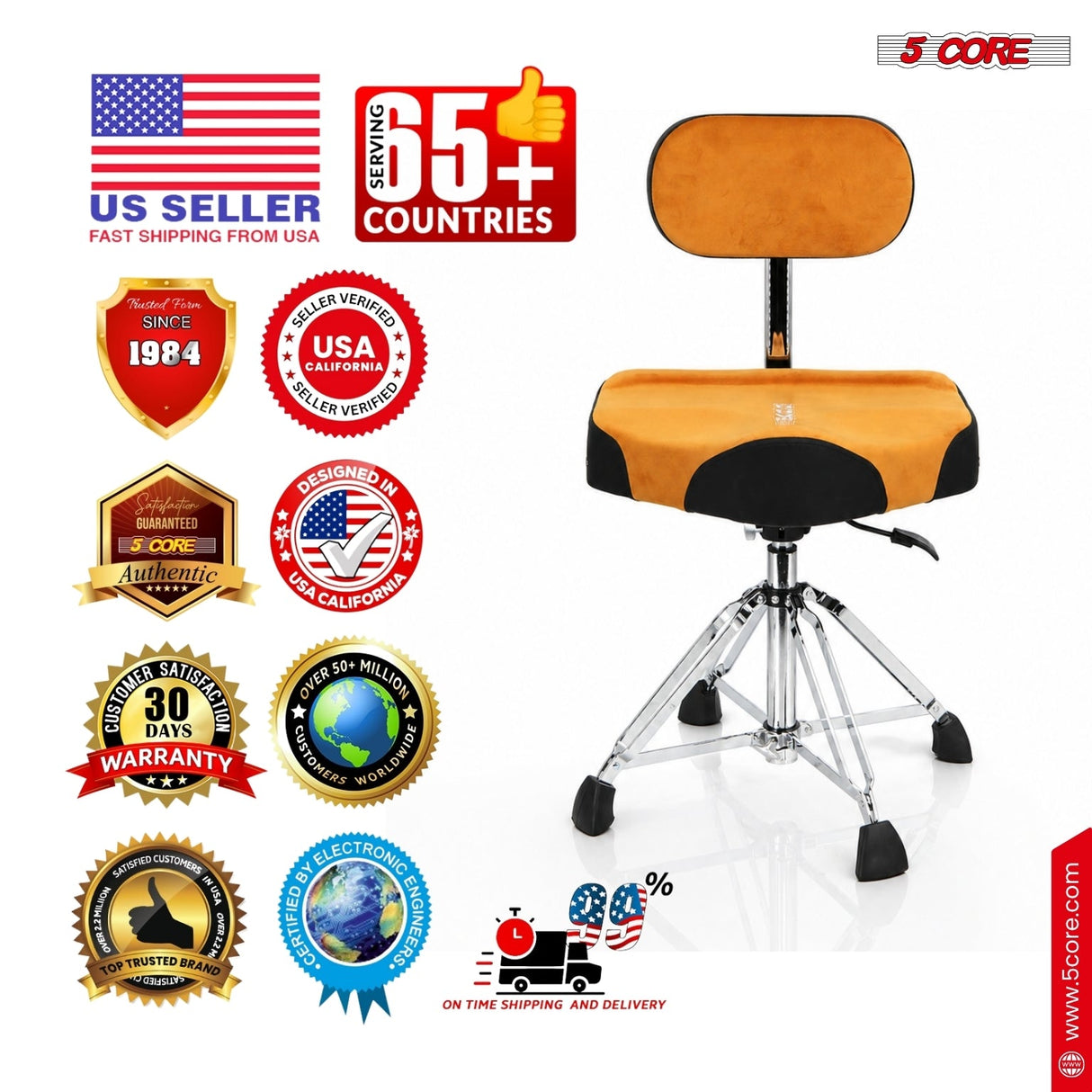 5 Core Drum Throne w Backrest 4" Padded Stool Airlift Adjustable Drummer Chair