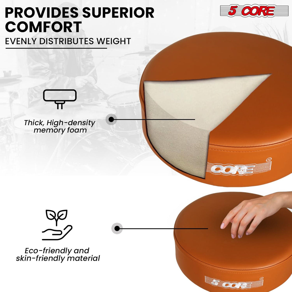 5 Core Drum Throne 4" Thick Padded Guitar Stool 441Lb Capacity 20-26” Adjustable Drummer Chair