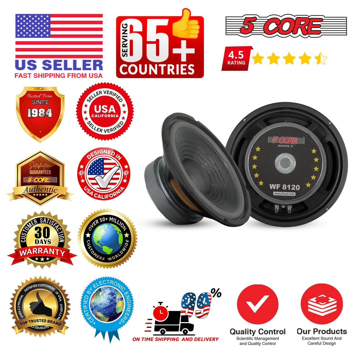 5 Core 8 Inch Car Woofer Audio 1000W 4Ohm Deep Bass Replacement Sub Woofer Loud Speaker System