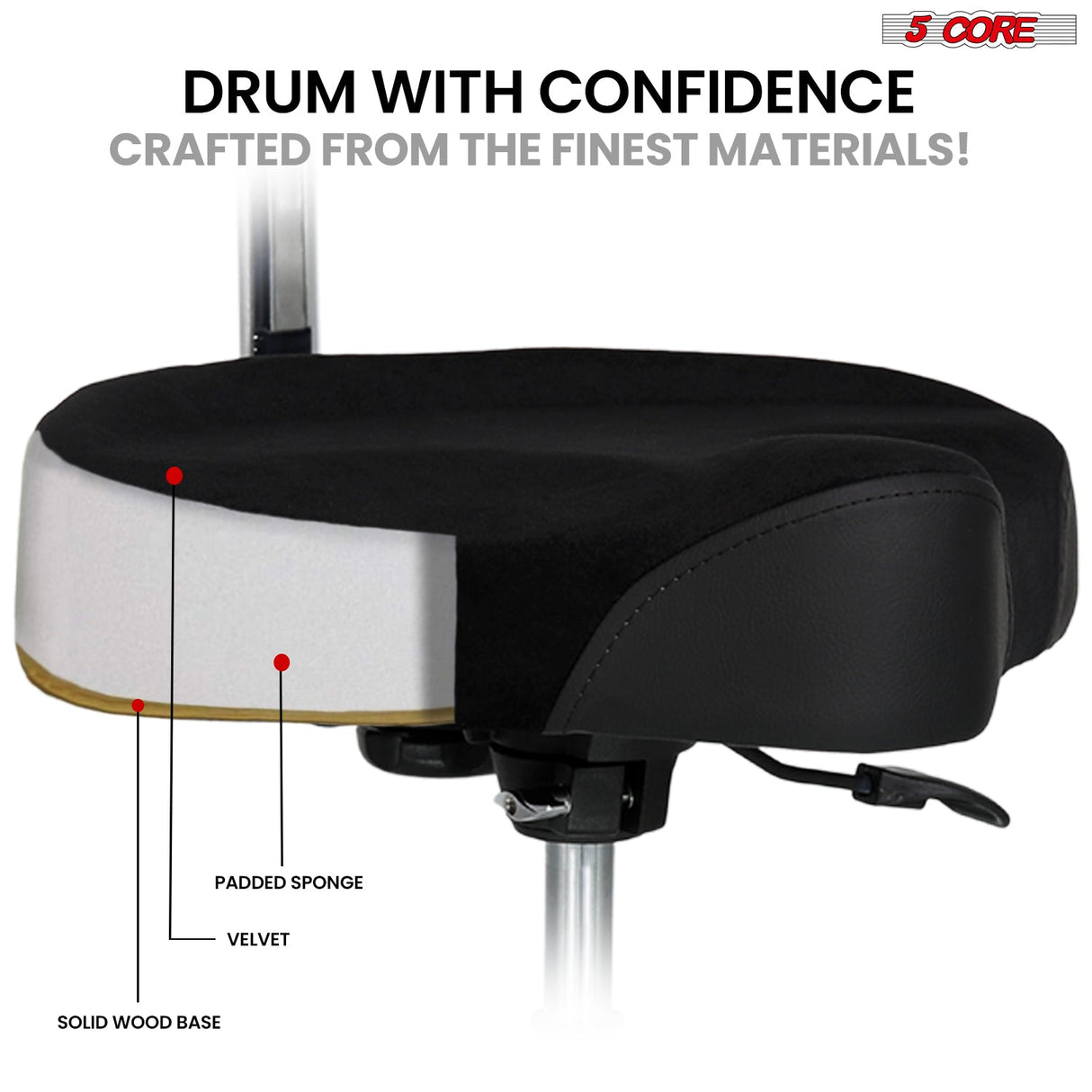 5 Core Drum Throne w Backrest 4" Padded Stool Airlift 25" Adjustable Drummer Stool 441Lb Capacity