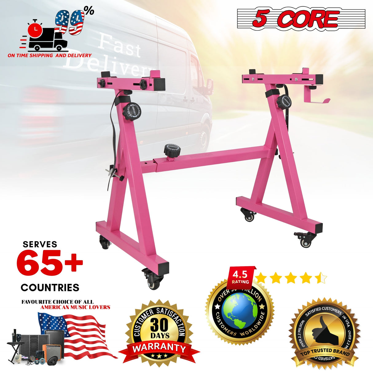 5Core Keyboard Stand Z Style Sturdy Adjustable Electric Piano Riser Holder With Wheels PINK