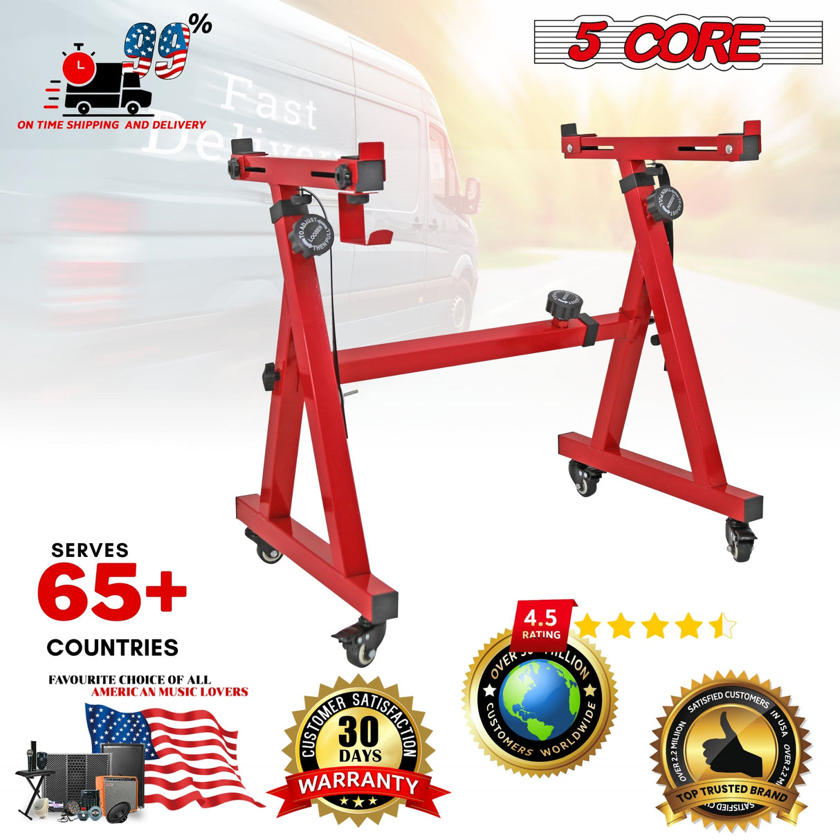 5Core Keyboard Stand Z Style Sturdy Adjustable Electric Piano Riser Holder With Wheels RED