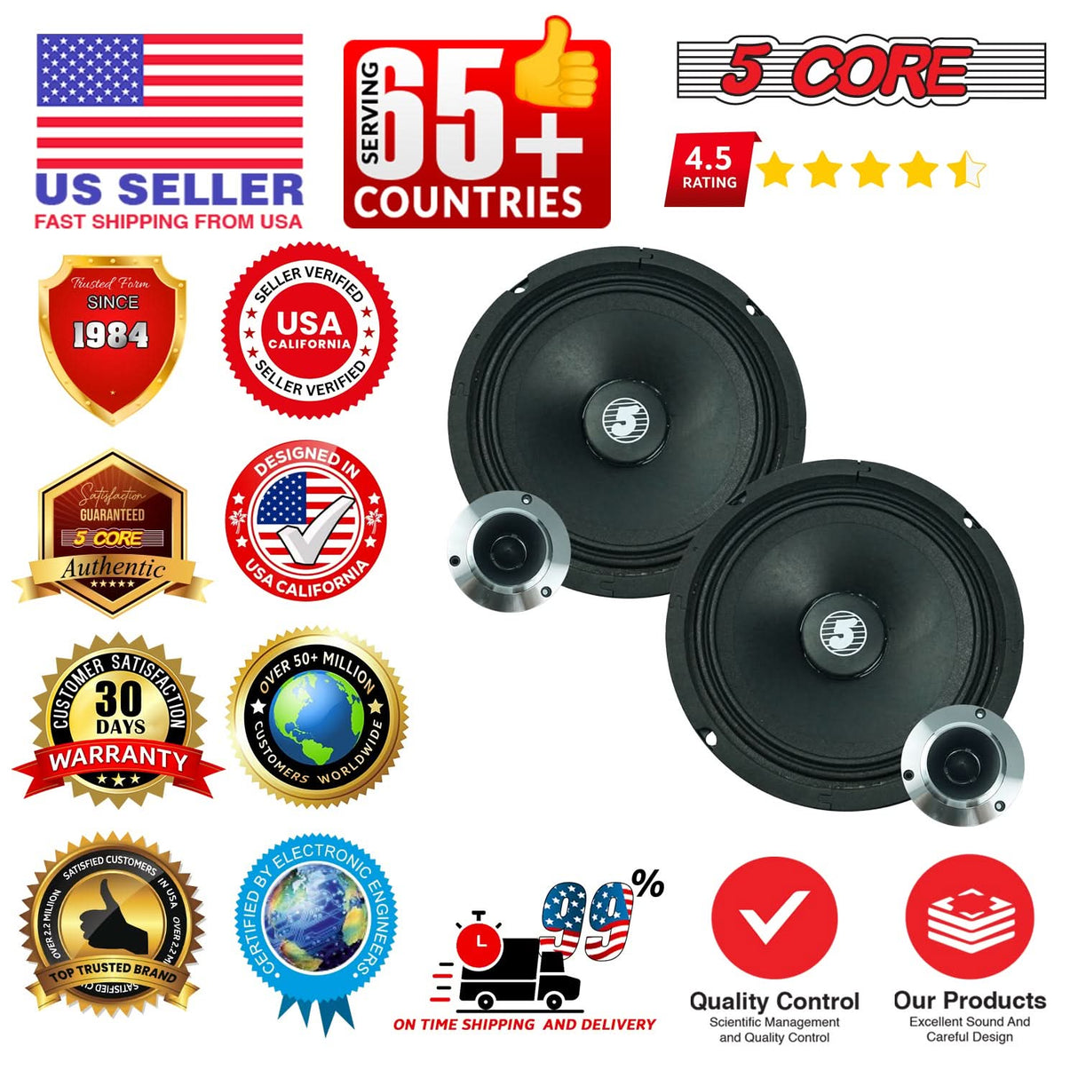 5 Core 6.5" Mid-Range Replacement 2Pc Pro Audio Car Speaker 360W 4 Ohms 60W Aluminum Super Tweeters