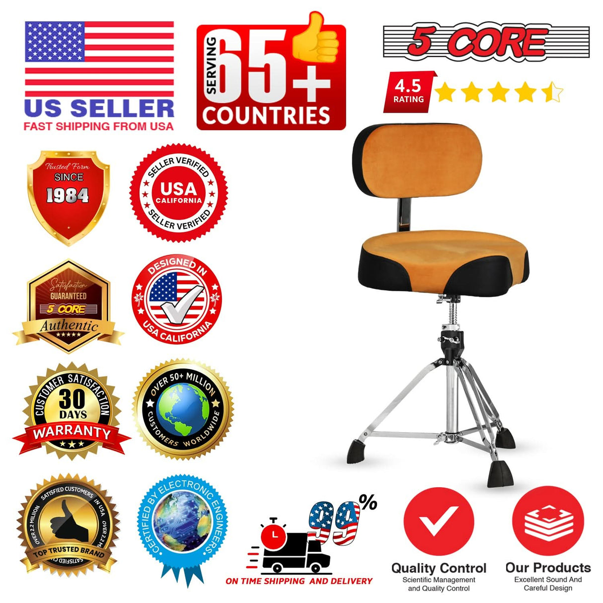 5 Core Drum Throne w Backrest 4" Padded Adjustable 26.5" Drummer Stool w Velvet Top 441Lb Capacity