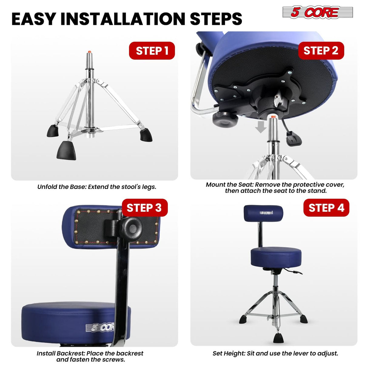 5 Core Drum Throne w Backrest 4" Padded Stool Airlift Adjustable 25.5" Drummer Chair 441Lb Capacity