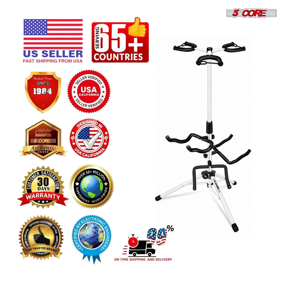 5 Core Triple Guitar Stand Floor w Foam Arms for Acoustic Electric Guitars
