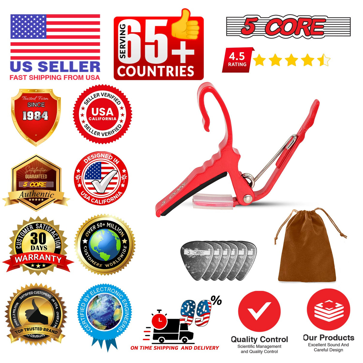 5 Core Guitar Capo Pair Quick Change Acoustic Electric String Clip Banjo Mandolin Or Ukulele Red