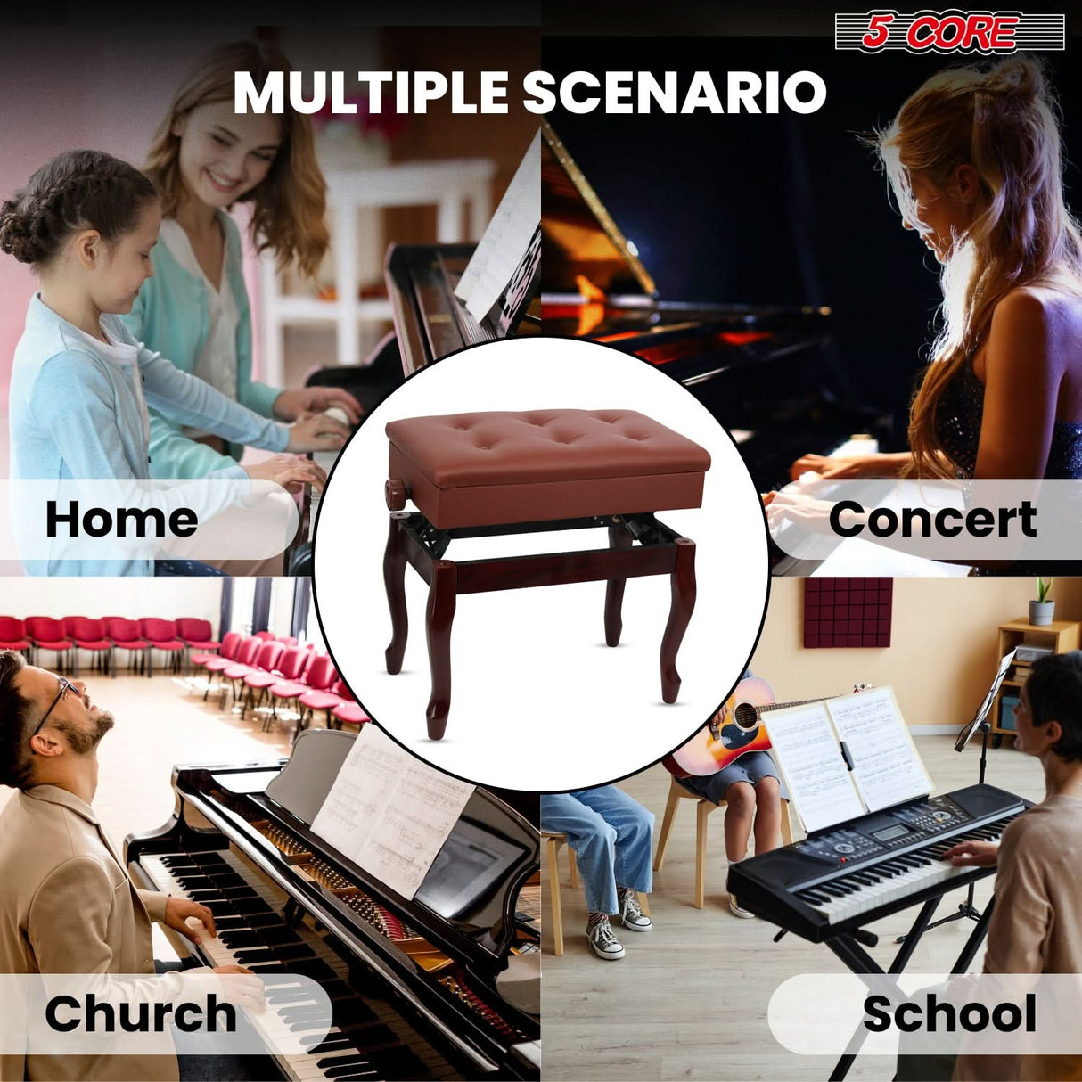 5 Core Piano Bench 3" Padded Cushioned Stool Wooden Heavy Duty Adjustable Musician Chair w Storage