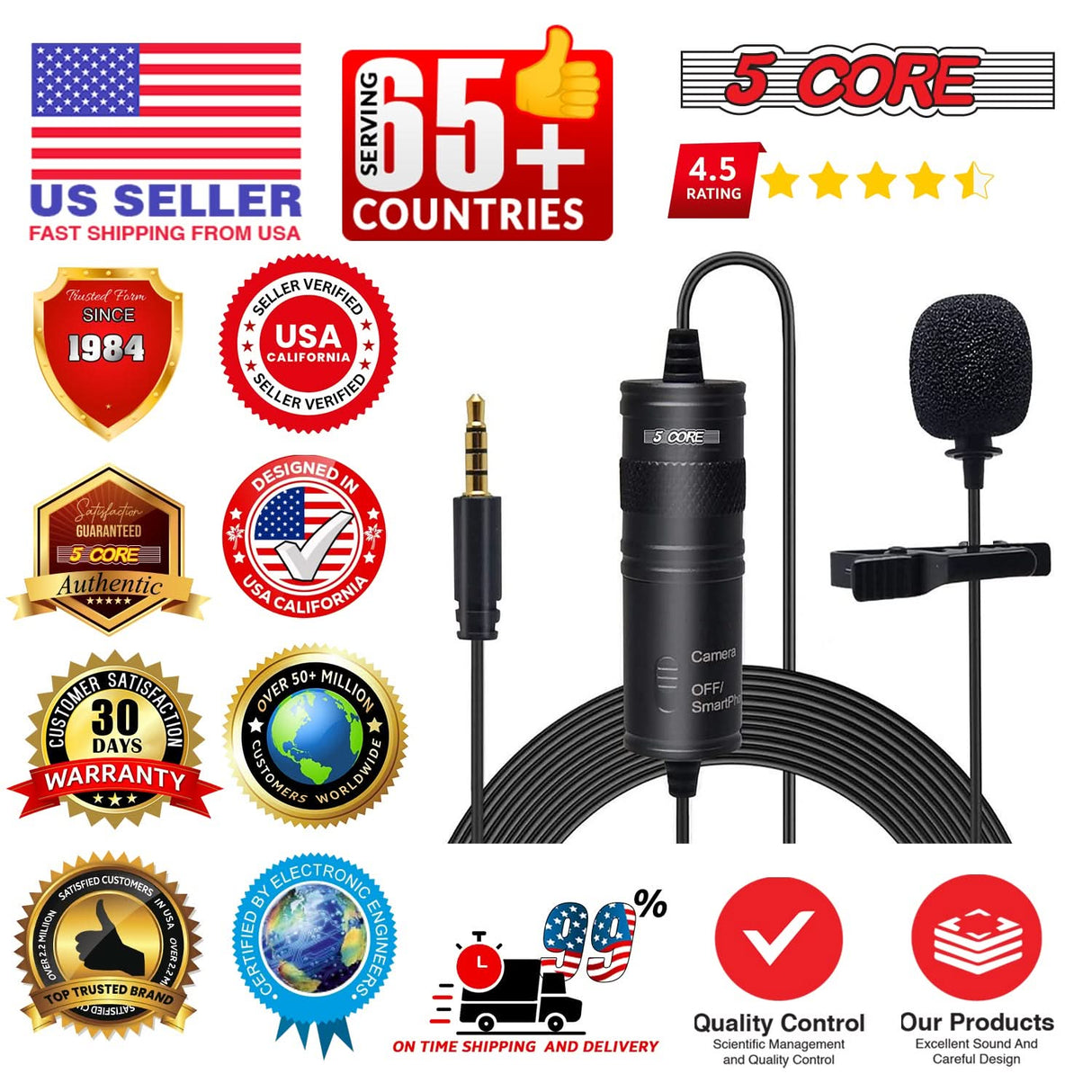 5Core Lavalier Microphone Clip On Professional Grade 3.5mm Lav Lapel Mic Omnidirectional