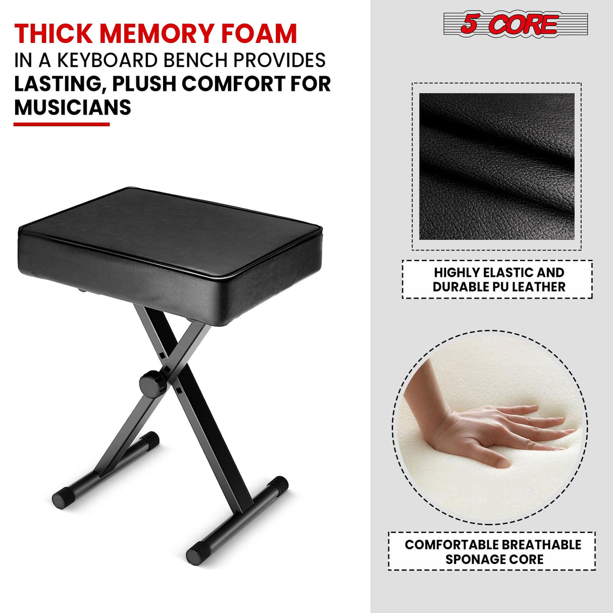 5Core Keyboard Stand Double X Style Adjustable Piano Riser BLUE + Keyboard Piano Bench BLACK