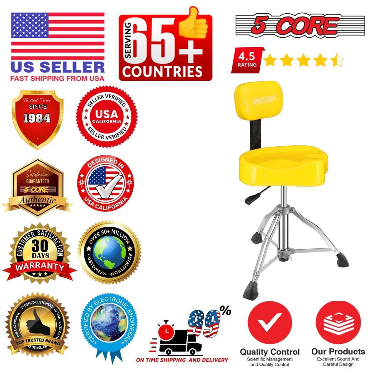 5Core Drum Throne 4" Cushion Padded Stool w Backrest Airlift Height Adjustable Chair w 441Lb Capcity