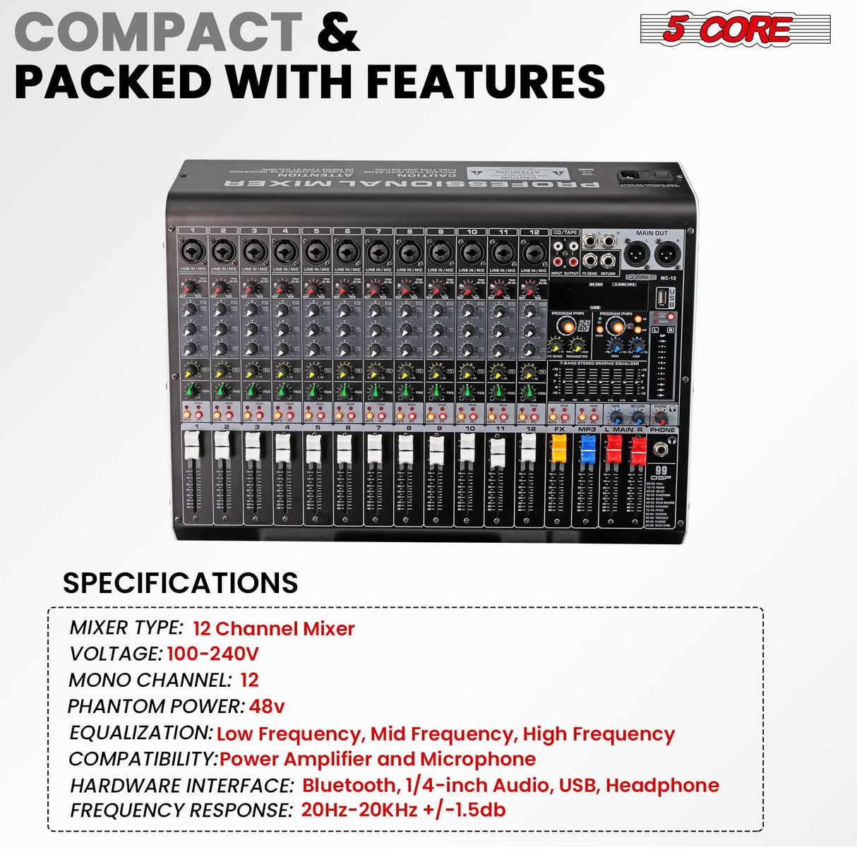 5 Core Audio Mixer 12 Channel DJ Soundboard USB Interface Bluetooth Mixing Console w 99 DSP Effect