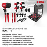 5 Core Drum Microphone Kit 9Pc All Metal Drummer Mics Tom/Snare & Cymbals Wired Instrument Drums Set