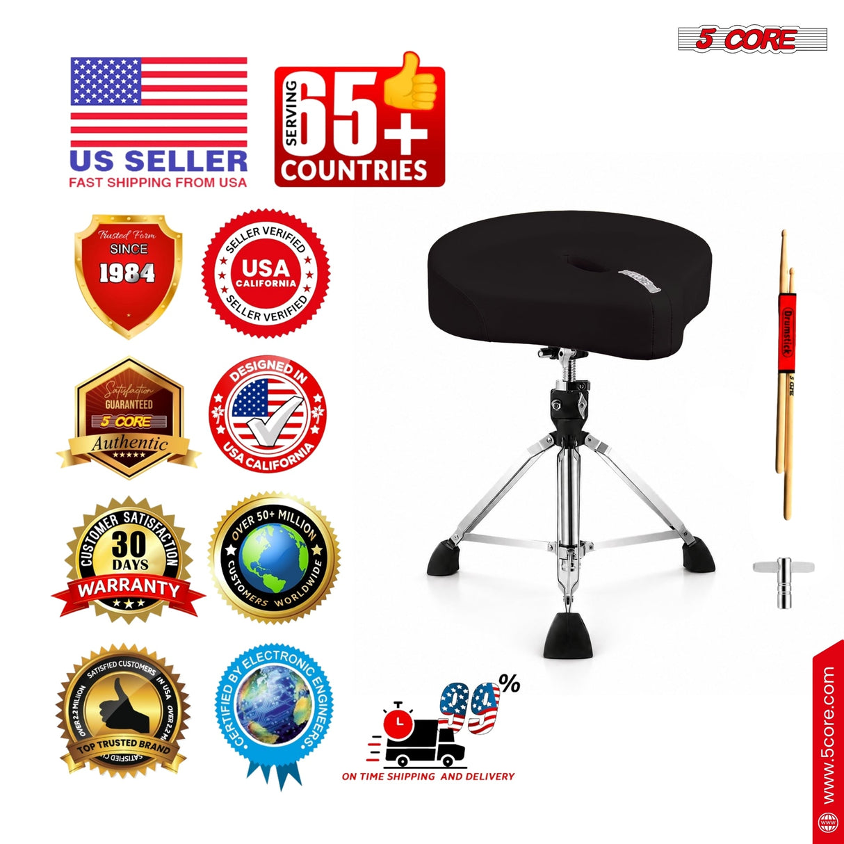 5 Core Drum Throne w 4.5" Padded Stool Adjustable Drummer Chair