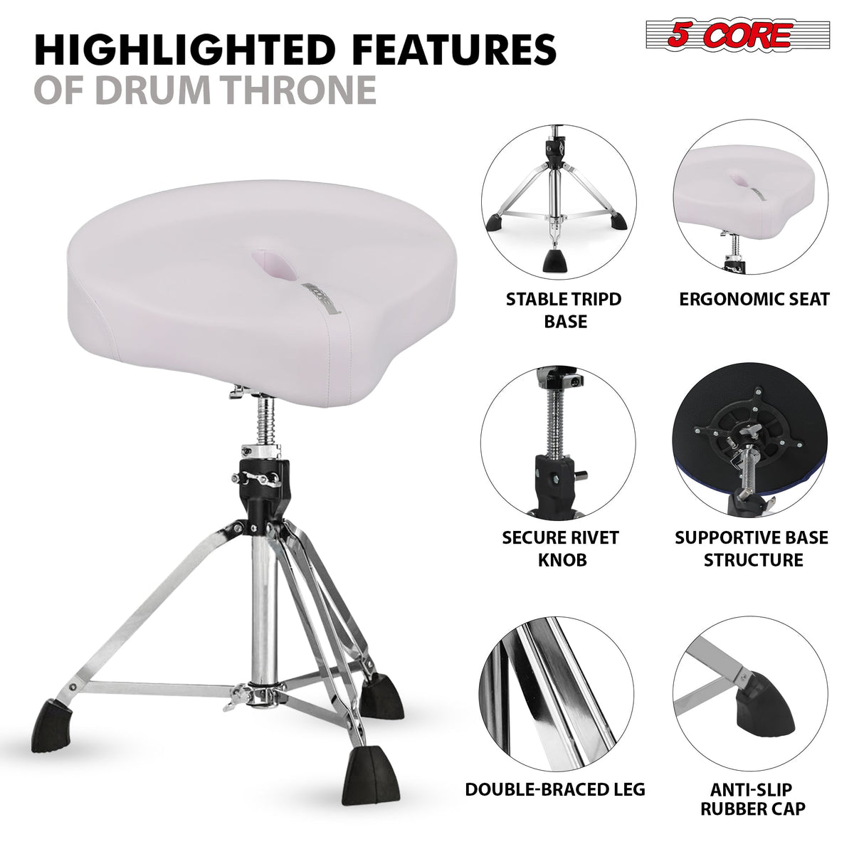 5 Core Drum Throne w 4" Padded Stool Adjustable Drummer Chair