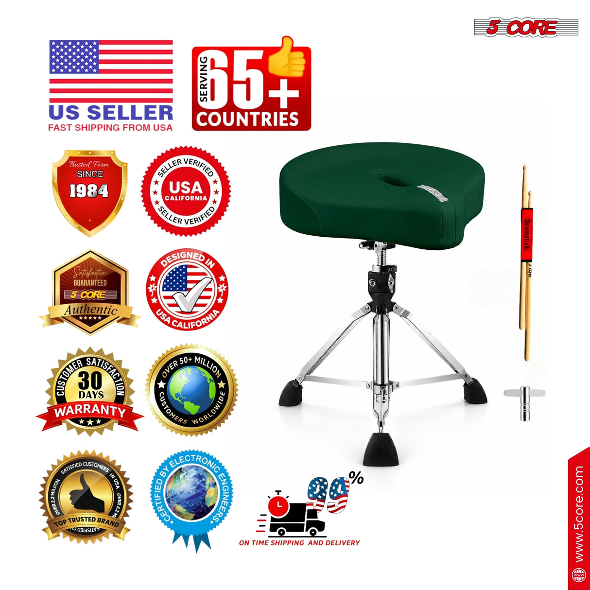 5 Core Drum Throne w 4.5" Padded Stool Adjustable Drummer Chair
