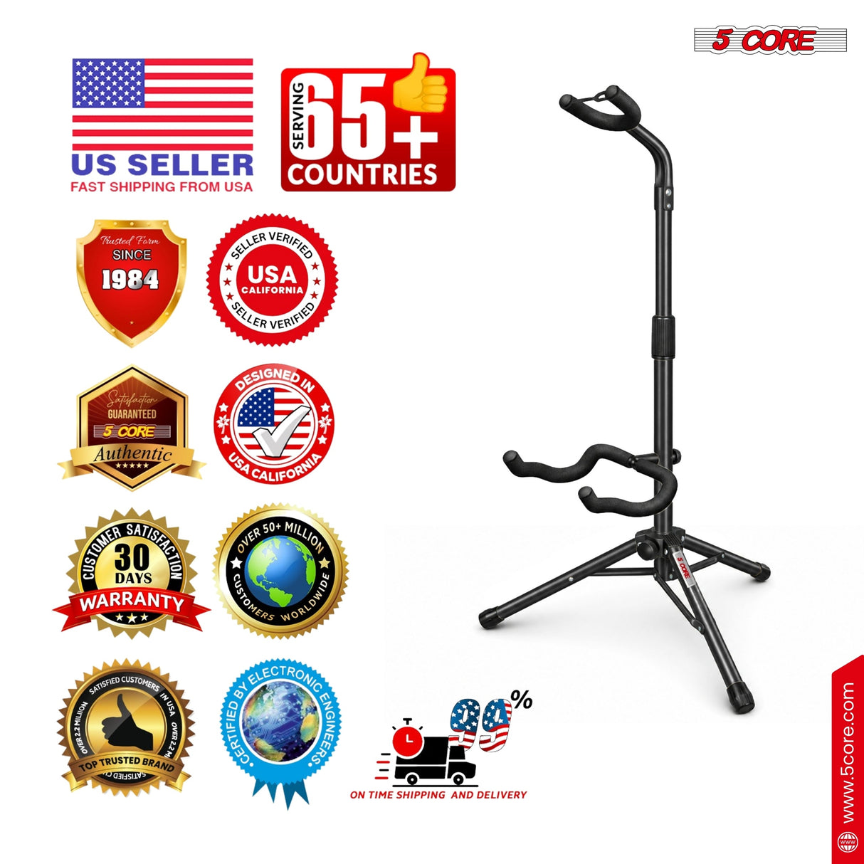 5 Core Guitar Stand Floor Adjustable Heavy Duty w Neck Holder for Acoustic Electric Classic Bass