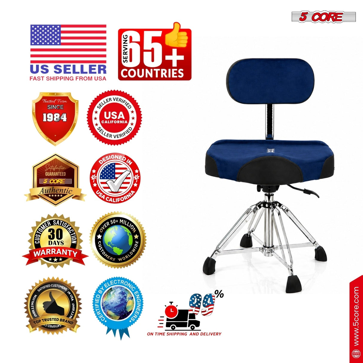 5 Core Drum Throne w Backrest 4" Padded Stool Airlift Adjustable Drummer Chair