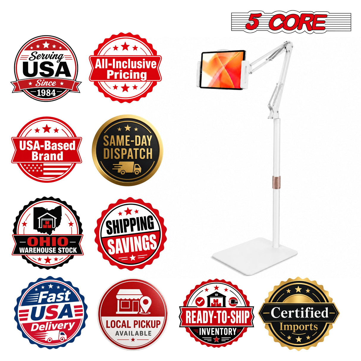 5 Core Tablet Floor Stand 360° Rotatable Adjustable Overhead Universal Bed Phone iPad Stand