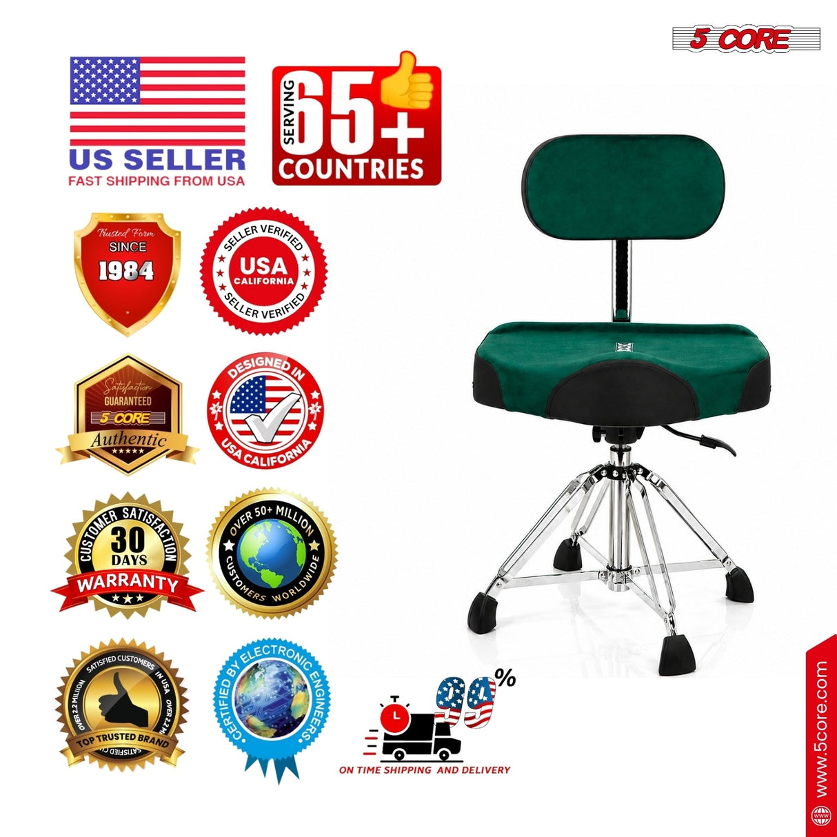 5 Core Drum Throne w Backrest 4" Padded Stool Airlift Adjustable Drummer Chair