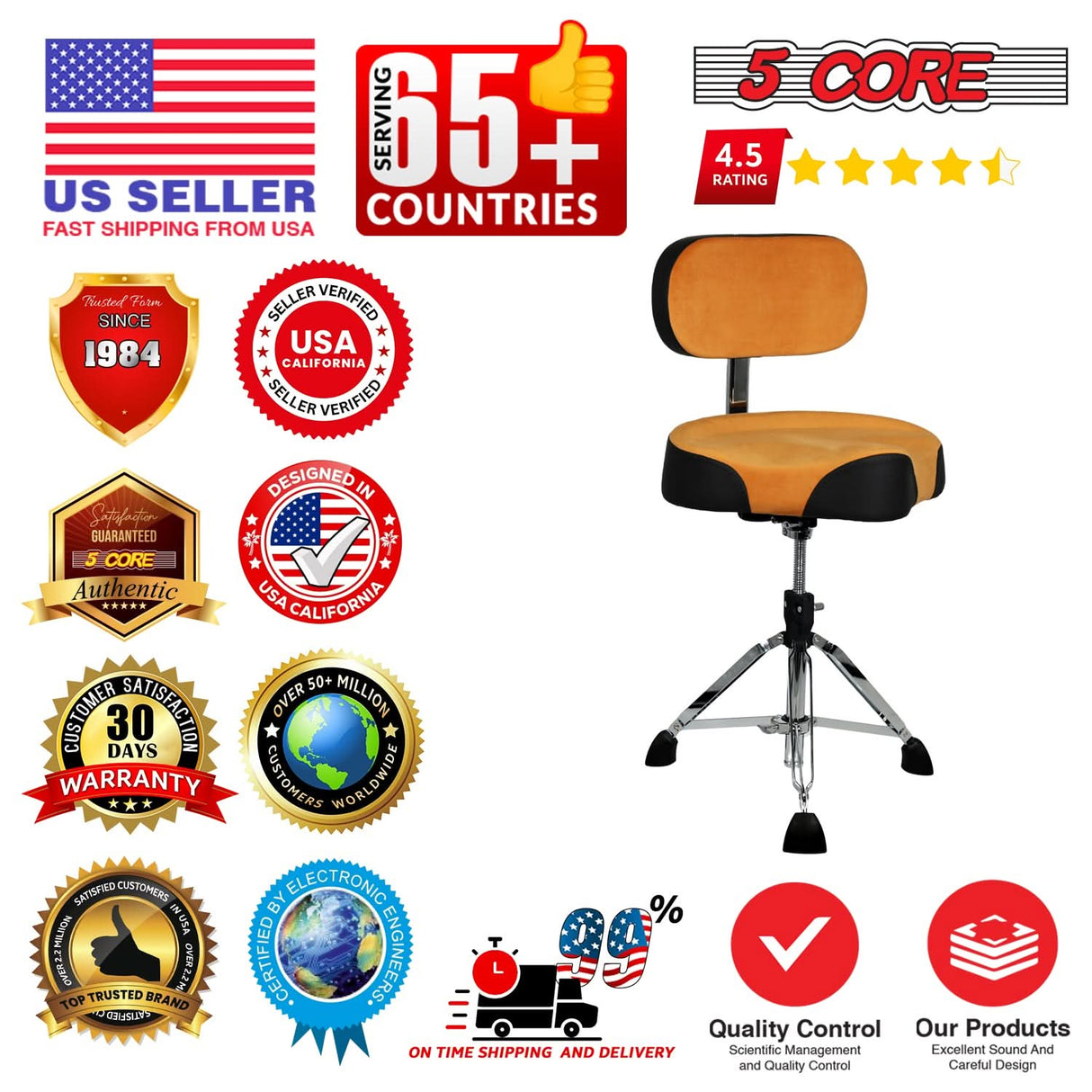 5 Core Drum Throne w Backrest 4" Padded Adjustable 26.5" Drummer Stool w Velvet Top 441Lb Capacity